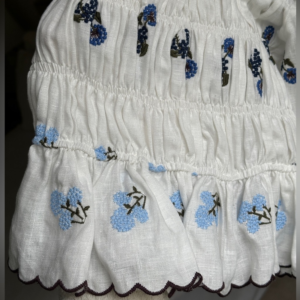 Lug Von Siga Floral Embroidered White Puff Sleeve Linen Crop Top NWOT - Picture 5 of 5